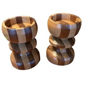 Set of 2 Hand Turned Two Toned Wooden Pillar Candle Holders MCM Artistic